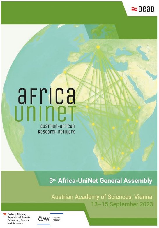 The cover of the programme booklet of the Africa-UniNet 3rd GA, depicting a map with a network between Austria and African countries